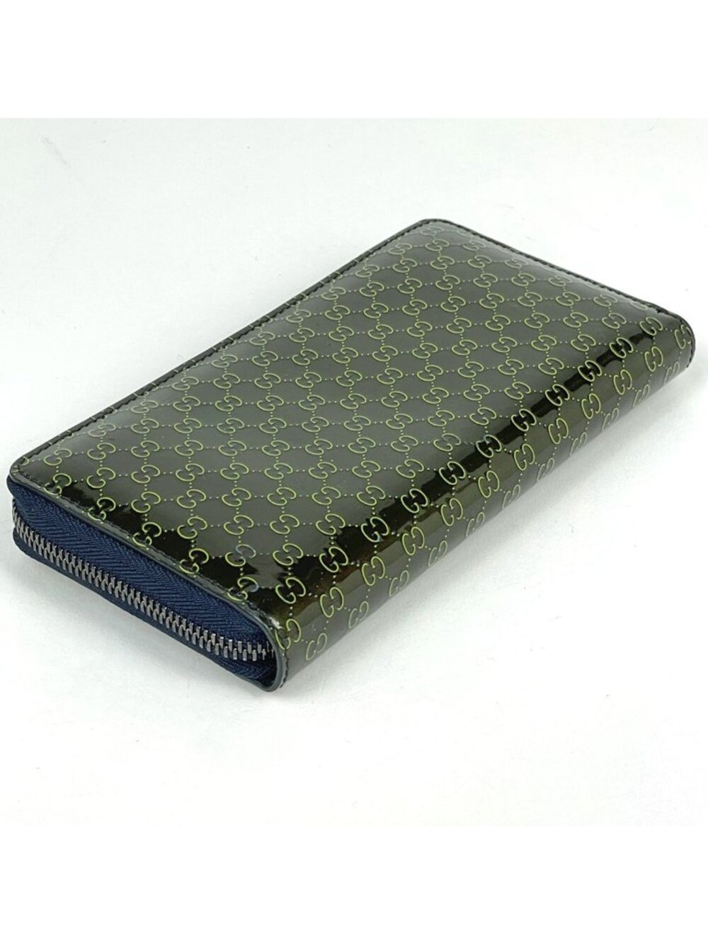 Gucci Micro Guccissima Wallet Round Zip Signature Patent Patent Leather Green - Picture 2 of 8